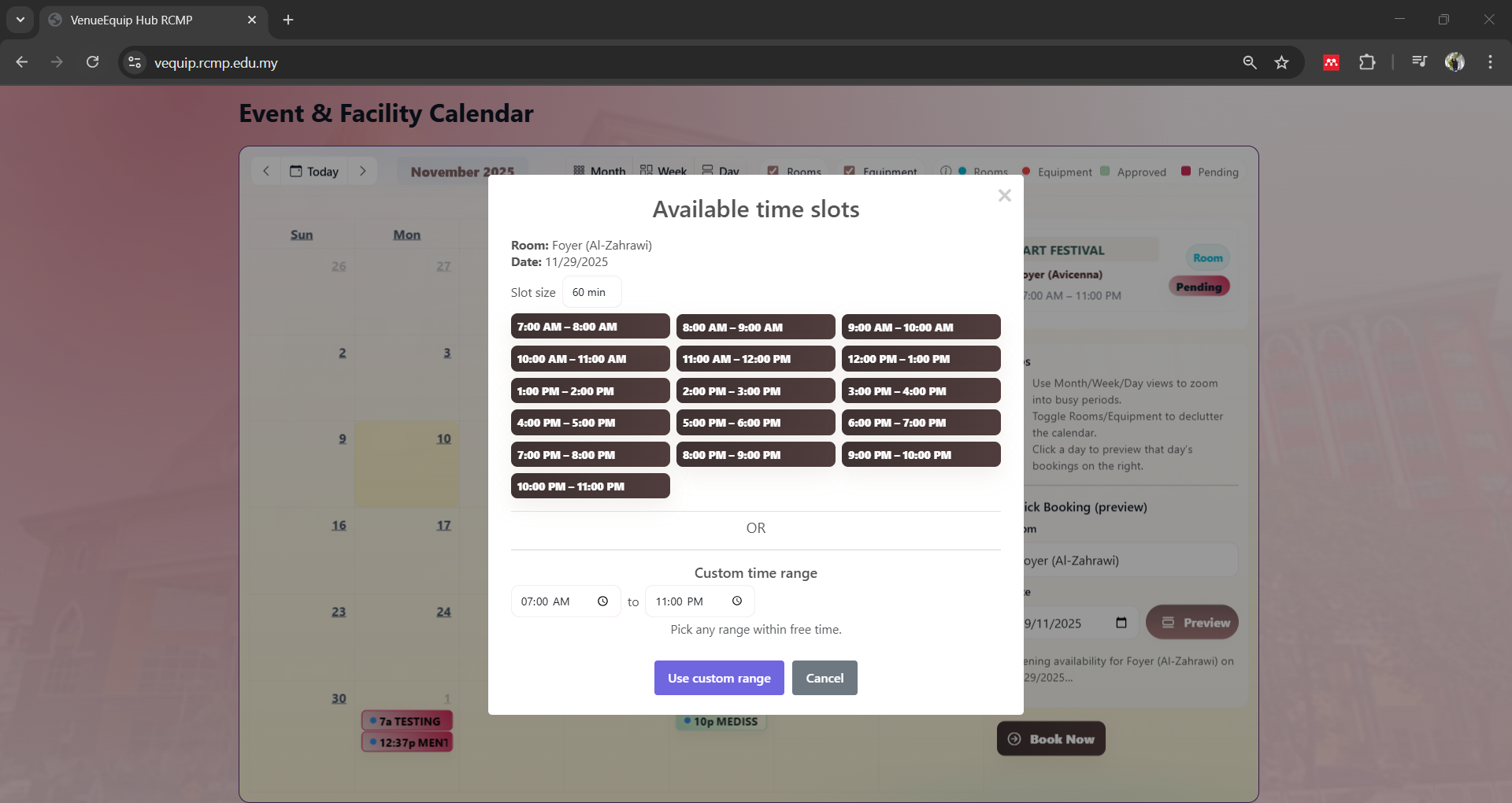 Available time slots popup